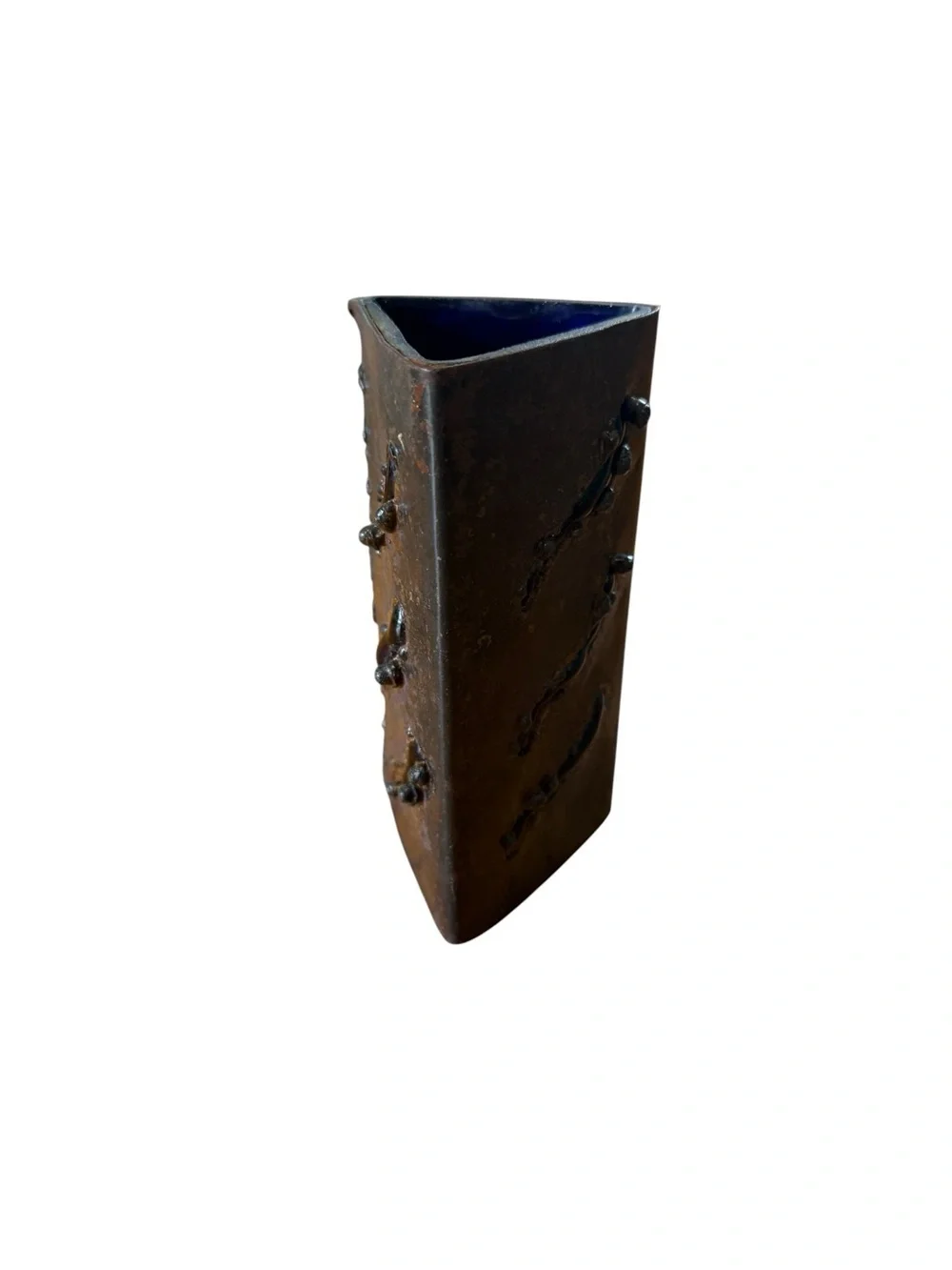 Brutalist Copper With Cobalt Blue Caged Rectangular Vase 1960’s Mid Century